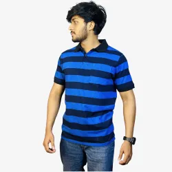 Men's Bold Blue & Black Stripe Polo Shirt | Soft Cotton Comfort Fit